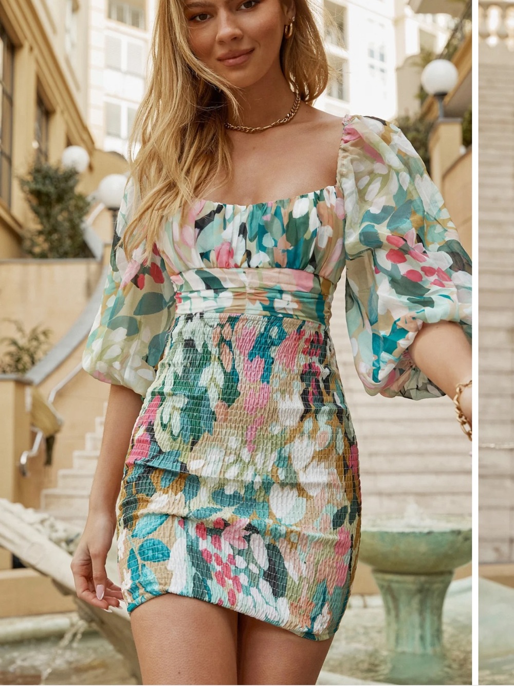 Here Comes the Sun Puff Sleeve Shirred Dress Abstract Print Green Large